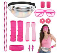 Dazzroi 80s Costume Accessories Set for Women, Fancy Dress Outfit with Silver Waist Bag Glasses Earrings Necklace Long Gloves Headband Wristband Large Intestine Leg Warmers Hairband for Neon Party