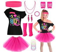 Dazzroi 9 pezzi 80s Costume accessori da donna, Fancy Dress con t-shirt Tutu Skirt Necklace Bracelet Earrings Short Gloves Foot covers Headband Luminous Bracelet for Halloween Neon Party Cosplay