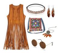 Dazzroi Deguisement Hippie Femme, Annee 70 Gilet à Franges Sans Manches Disco Kit De Déguisement, Hippiques Ensemble Tenue Annee 70s 80s Femme Accessori per Carnaval Halloween Tenue Festival