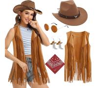 Dazzroi Set di 5 accessori da cowgirl occidentale, da donna, stile hippy anni '70, con cappello da cowboy, nappa, gilet, occhiali da sole, orecchini, sciarpa, stile hippie, per feste a tema hippie e