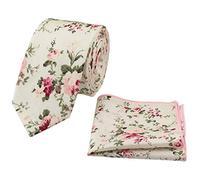 DB Dickie Bow Set da uomo con cravatta e tasca quadrata in cotone di lusso floreale, Crema floreale., Tie Length: 145cm. Pocket Square: 23cm x 23cm