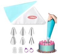 DBAILY Set di 100 sac à poche usa e getta, con 6 beccucci in acciaio inox, 1 sac à poche riutilizzabili, 2 accoppiatori e 2 fascette in silicone per decorare torte, pasticcini