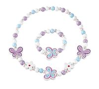 DBCEJF Set Gioielli Bambina con Farfalla, Collana e Braccialetto in Legno per Bambine, Accessori Colorati per Festa di Compleanno e Travestimento, Regalo Bimba con Sacchetto in Velluto, Blu e Viola