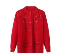 DBFBDTU Cardigan da donna lavorato a maglia con stampa, maglione per nonna, cappotto a maniche lunghe per anziani di mezza età, Rosso, XXL