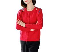 DBFBDTU Maglione da donna lavorato a maglia cardigan vintage cappotto di mezza età madre ricamo maglieria giacca, Rosso, M