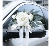 DBREAKS 2 pezzi decorazioni per auto da matrimonio, decorazioni floreali per maniglie delle portiere, rose bianche artificiali con ventose per auto specchietti retrovisori da matrimonio