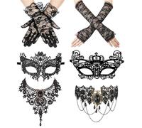Dbuwqips 6 Pezzi Maschera Pizzo Donna Maschera Nera Pizzo Maschera Veneziana Maschera Halloween Donna Maschera Sexy donna Maschere Carnevale Collana Gotica per Halloween Carnevale Cosplay