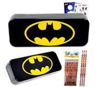 DC Comics Set di cancelleria Batman, astuccio in latta con supereroe, 12 matite, adesivi, altro ancora, porta utensili da scrittura del Cavaliere Oscuro (gli stili possono variare)