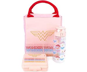 DC Comics Wonder Woman Lunch Bag | Set di 3 pezzi in stile borsa rettangolare con bottiglia d'acqua e contenitore per snack | Design rosa con scudo per adulti e bambini | Materiale resistente Wonder