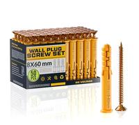 DC VOLTAGE 50 tasselli e viti da parete, 8 mm x 60 mm, viti di fissaggio in calcestruzzo e tasselli di prolunga da parete, montaggio a parete, montaggio TV, viti autofilettanti per muro a secco