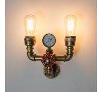 DC VOLTAGE Applique da parete vintage con tubo dell'acqua E27, lampada da parete rustica con doppio tubo industriale, applique Steampunk rustica con rubinetto (stile 1 - Rame spazzolato)