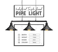 DC VOLTAGE Lampadario industriale a 3 luci in stile steampunk in metallo con tubo dell'acqua, E27, con paralume in metallo a forma di cono, catena regolabile (Nero)