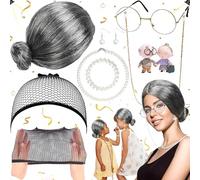 dcas 7 Pezzi Kit Parrucca Da Nonnina Per Travestimento Grigio, Vecchia Signora Accessorio Parrucca Cosplay, Grigio Nonna Parrucca, Parrucca Grigia Con Chignon, Collana/Bracciale/Occhiali/Orecchini