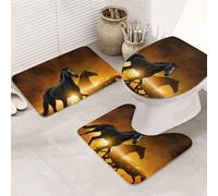 DCEHGEW Set di 3 tappetini da bagno con stampa di cavalli neri e nuvole rosse, antiscivolo, per bagno, tappetino da bagno, tappetino da bagno a forma di U, tappetino da bagno lavabile