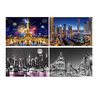 DCIDBEI 4 Pezzi Diamond Painting Paesaggi Citta 40x50 cm Puzzle con Diamanti Paesaggio Spagna Painting Diamond 5D Paesaggi Dubai Quadro con Brillantini Disegni per Numeri Citta di Notte Torre Eifel