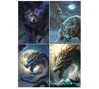 DCIDBEI 4 Pezzi Pittura Diamante Animali 30x40cm Puzzle Diamond Lupo Luna Diamond Painting Lupo Diamond Painting Lupi kit per Mosaici Perline Drago Puzzle Diamond Dragon Orologio Diamond Painting Luna