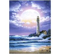 DCIDBEI 40X50cm 5D Diamond Painting Casetta Faro Kit Completo, DIY Pittura Diamante Kit Paesaggio Luna di Mare, Quadrato Adulti Ricamo Diamante Art per Parete Soggiorno Decorazione