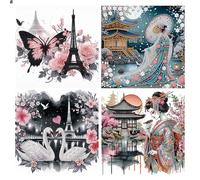 DCIDBEI Confezione da 4 Diamond Painting Speciali Strass Parigi Torre Eiffel 30x30cm Immagini da Ricamo Adulti Paesaggi Diamond Painting Paesaggio Giapponese Artigianato Pittura Ricamo Glitter Geisha
