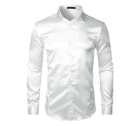 Dcvmvmn Camicia da uomo in raso di seta autunnale a maniche lunghe camicie lucide lisce tinta unita Camisa Slim Fit, bianco, M