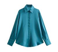 Dcvmvmn Camicie da donna in raso primavera e autunno camicie a maniche lunghe con bottoni camicie con colletto, Turchese, M