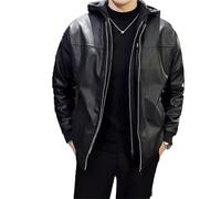 Dcvmvmn Giacca da moto da uomo, in finta pelle, con cappuccio, colletto sottile, antivento, in pelle sintetica, Nero sottile, 3XS