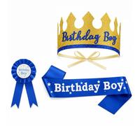 DCYQAIN Set di 3 pezzi blu per feste di compleanno per ragazzo, cappello a fascia regolabile con distintivo, decorazioni di compleanno riutilizzabili per uomini e ragazzi celebrazioni di compleanno