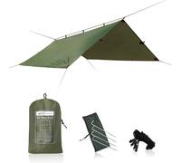 DD Hammocks - Telone per riparo DD Tarp 3x3, leggero e impermeabile al 100%, con 4 picchetti e tiranti per campeggio e avventure di bushcraft e scout, colore verde foresta