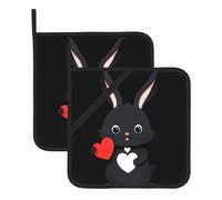 DDCXZPP Black Rabbit Holding A Heart Pattern Square Isolante Pot Mat (set di due pezzi) per la rimozione del coperchio della cucina, forni a microonde, forni, con corda laterale per appendere