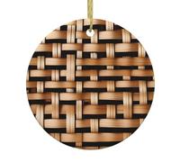 DDCXZPP Ciondolo rotondo in ceramica con stampa a griglia intrecciata in vimini, 7,4 cm, dotato di una resistente corda metallica dorata per appenderlo facilmente agli alberi di Natale