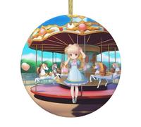 DDCXZPP Ciondolo rotondo in ceramica con stampa della ragazza sulla giostra, 7,4 cm, dotato di una resistente corda metallica dorata per appenderlo facilmente agli alberi di Natale