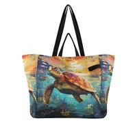 DDDIYEU Artwork Della Tartaruga Marina Al Tramonto Borsa da Spiaggia Impermeabile,Borsa da Viaggio Donna,Borsa per Spesa Ragazze