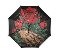 DDDIYEU Belle Mani Rosse A Tulipano Fatto Saltare Automatica Ombrello da Viaggio Antivento Compatto con Protezione Solare UPF 50+ Ideale per Ragazze