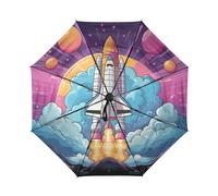 DDDIYEU Cartone Animato Arte Blu Razzo Nave Automatica Ombrello da Viaggio Antivento Compatto con Protezione Solare UPF 50+ Ideale per Ragazze