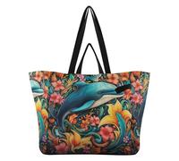 DDDIYEU Delfino Di Arte Dell'acquerello Fantastico Borsa da Spiaggia Impermeabile,Borsa da Viaggio Donna,Borsa per Spesa Ragazze