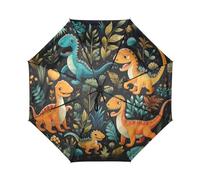 DDDIYEU Foresta Di Dinosauri Lascia Arte Cartone Animato Automatica Ombrello da Viaggio Antivento Compatto con Protezione Solare UPF 50+ Ideale per Ragazze