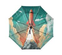 DDDIYEU Razzo Spaziale Cartone Animato Arte Automatica Ombrello da Viaggio Antivento Compatto con Protezione Solare UPF 50+ Ideale per Ragazze