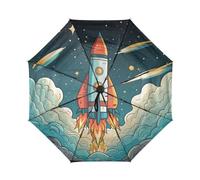 DDDIYEU Razzo Spaziale Cartone Animato Arte Automatica Ombrello da Viaggio Antivento Compatto con Protezione Solare UPF 50+ Ideale per Ragazze