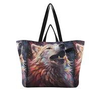 DDDIYEU Ruggito Colorato Arte Del Lupo Borsa da Spiaggia Impermeabile,Borsa da Viaggio Donna,Borsa per Spesa Ragazze
