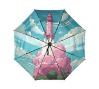 DDDIYEU Spazio Rosa Razzo Cartone Animato Arte Automatica Ombrello da Viaggio Antivento Compatto con Protezione Solare UPF 50+ Ideale per Ragazze
