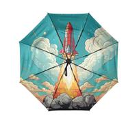 DDDIYEU Spazio Rosso Razzo Cartone Animato Arte Automatica Ombrello da Viaggio Antivento Compatto con Protezione Solare UPF 50+ Ideale per Ragazze