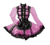 DDINGHOONQPODFR Abiti da cameriera con cerniera frontale bloccabile, con grembiule, collo alto, costume cosplay in PVC, mini uniforme per feste, rosa, XL