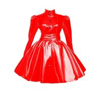 DDINGHOONQPODFR Donne Plus Size Mini Abito in pelle PVC Collo Alto Pulsante Pieghe A-line Dress Cerniera Posteriore, Rosso, 3XL