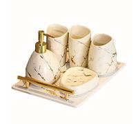DDNGEJ Dispenser di Sapone con Texture in Marmo, Set di Accessori da Bagno in Ceramica di Lusso Dorato, Vassoio, Porta spazzolino, Bicchiere per lavabo del Bagno, flac