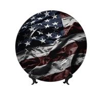 DDTKLSNV Piatti decorativi in porcellana con bandiera americana mimetica, piatto decorativo in ceramica da 17,8 cm con espositore piatti da tavola, artigianato artistico, ornamenti in ceramica
