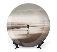 DDTKLSNV Piatto decorativo in porcellana Bone China Alone at the Beach Piatto decorativo in ceramica con espositore Decorazione artistica da parete in ceramica per casa ufficio decorazione da parete
