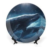 DDTKLSNV Piatto decorativo in porcellana Bone China con balene che viaggiano nello spazio Piatto decorativo in ceramica con espositore Decorazione artistica da parete in ceramica per casa e ufficio