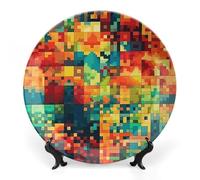 DDTKLSNV Piatto decorativo in porcellana Bone China Pixel Art Pattern Piatto decorativo in ceramica con espositore Decorazione da parete in ceramica per la decorazione della parete dell'ufficio