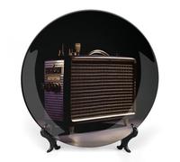 DDTKLSNV Piatto decorativo in porcellana Bone China Vecchia radio su carta nera Piatto decorativo in ceramica con espositore Decorazione da parete in ceramica per la decorazione della parete
