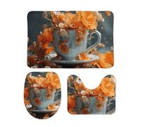 DDTKLSNV Set di 3 tappetini da bagno antiscivolo e assorbenti, tappetino da bagno con coperchio per WC, fiori in tazza, tappetini morbidi per bagno, cucina, porta, decorazione per la casa