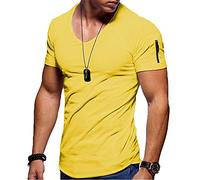 DDZYQ T-Shirt Uomo Basic Scollo A V Tinta Unita Uomo Sport Shirt Estate Slim Fit Stretch Uomo Manica Corta Sport Casual Traspirante Uomo Streetwear E-Yellow L